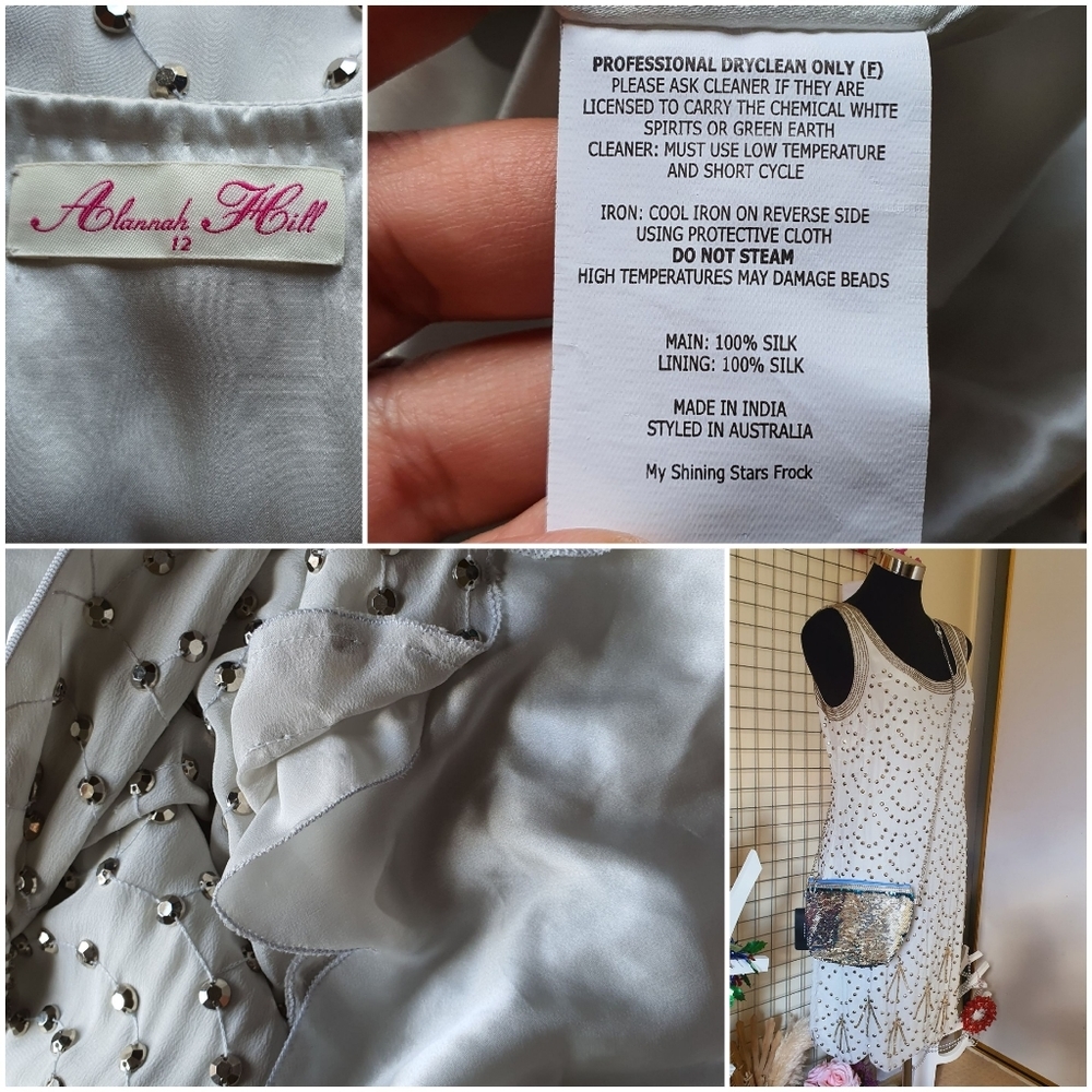 ALANNAH HILL | 100% Silk - Main & Lining | White Beaded Dress Sleeveless | AU 12 - Picture 9 of 15